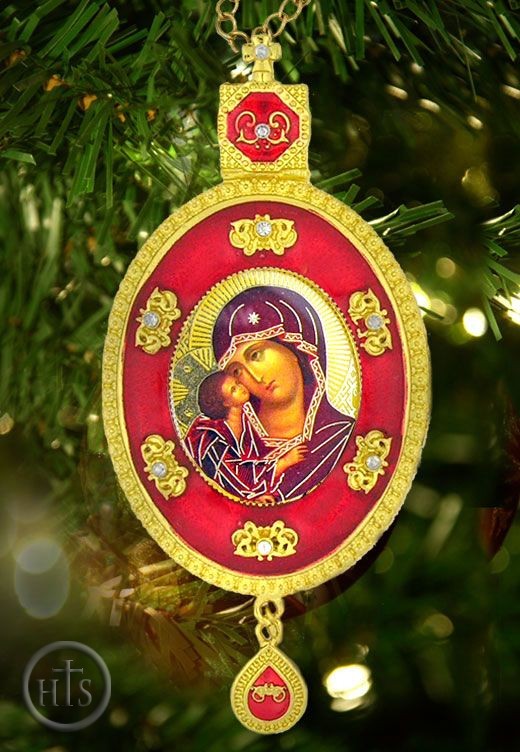 Photo - Virgin of Vladimir, Oval Shaped Framed Icon Ornament with Ctystals & Chain, Red