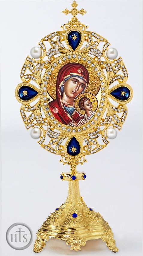 HolyTrinityStore Photo - Our Lady of Perpetual Help, Silkscreen Greek Icon in Pearl Jeweled Shrine 