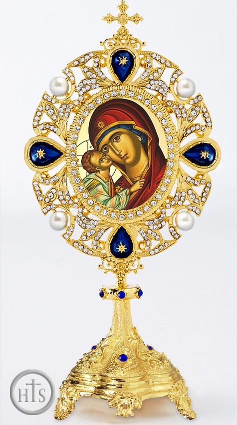 Product Picture - Virgin Mary Sweet Kissing, Greek Icon in Jeweled Shrine, Blue Crystals