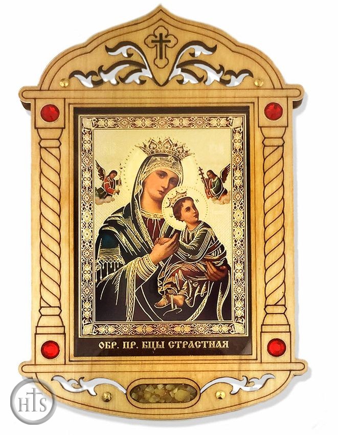 HolyTrinityStore Picture - Virgin of Passion Icon in Wooden Shrine with Glass and Incense