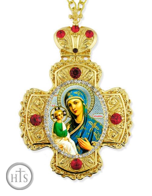 HolyTrinityStore Picture - Virgin Mary of Jerusalem, Faberge Style Framed Cross-Shaped Icon Pendant