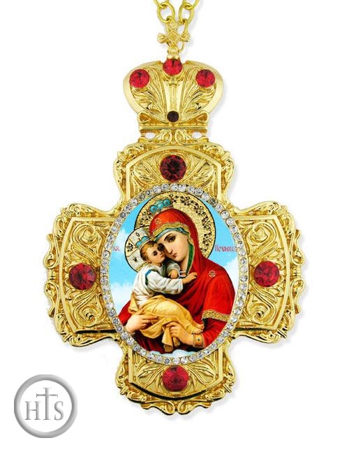 Photo - Virgin Mary Pochaevskaya, Faberge Style Framed Cross-Shaped Icon Pendant
