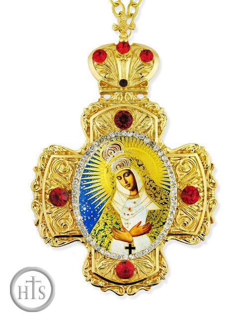 Product Image - Virgin Mary of Ostrobramska, Faberge Style Framed Cross-Shaped Icon Pendant