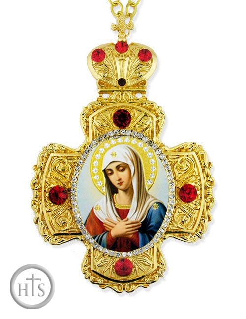 Product Picture - Virgin Mary Extreme Humility, Faberge Style Framed Cross-Shaped Icon Pendant