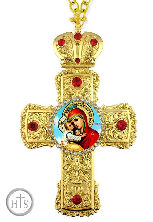 Product Pic - Virgin Mary Pochaevskaya, Faberge Style Framed Cross-Shaped Icon Pendant