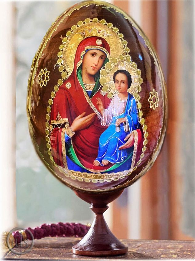 Picture - Virgin Mary Iverskaya, Wooden Icon Egg with Stand