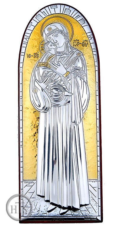 Product Image - Virgin Mary and Child, Silver / Gold Plated, Wooden Base Icon with Stand