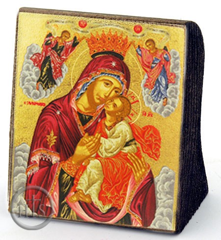 Pic - Virgin Mary Glykophilousa (In Red), Serigraph Mini Icon, Bronze Leaf
