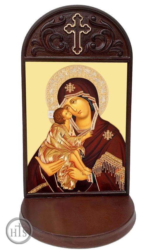 HolyTrinityStore Photo - Virgin Mary of Don Icon in Wooden Shrine With Shelf 