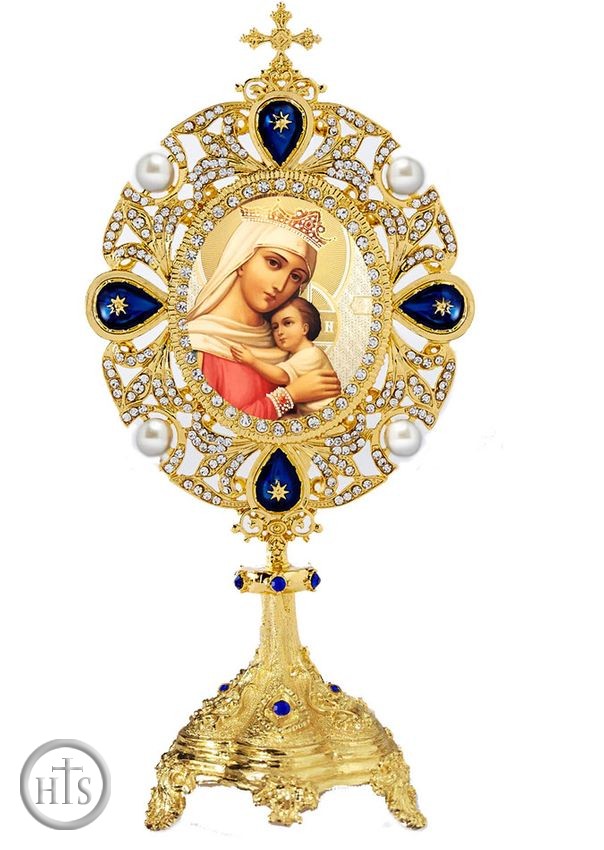 HolyTrinityStore Image - Virgin Mary of Hope Icon in Jeweled Shrine, Blue Crystals