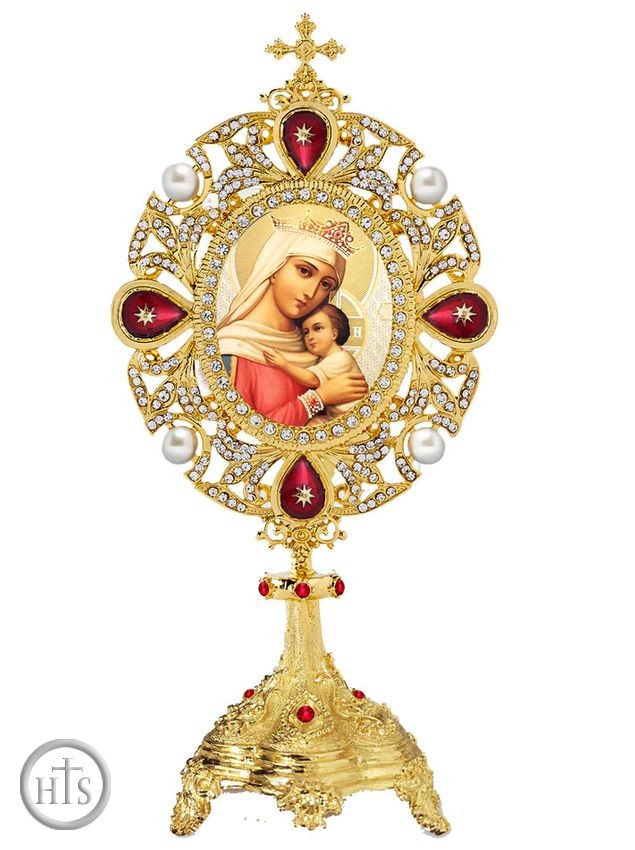 HolyTrinityStore Image - Virgin Mary of Hope Icon in Jeweled Shrine, Red Crystals