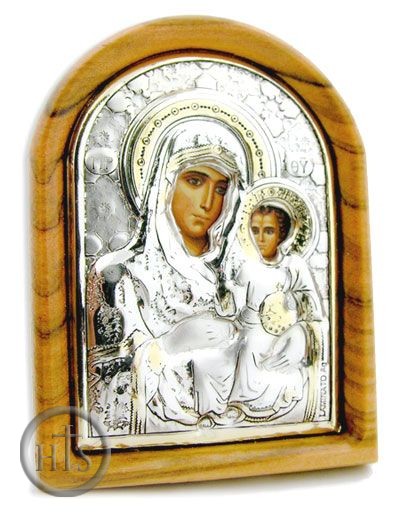 HolyTrinity Pic - Virgin Mary of Jerusalem Icon in Silver Oklad, Olive Wood Frame with Stand 