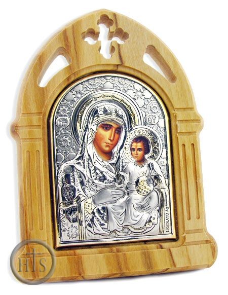 Pic - Virgin Mary of Jerusalem Icon in Silver Oklad, Wood Frame with Stand 