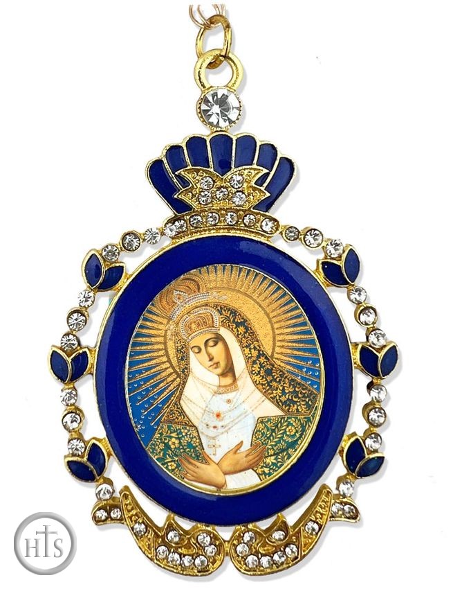 HolyTrinityStore Picture - Virgin Mary of Ostrabrama, Blue Enamel Framed Icon with Chain & Bow