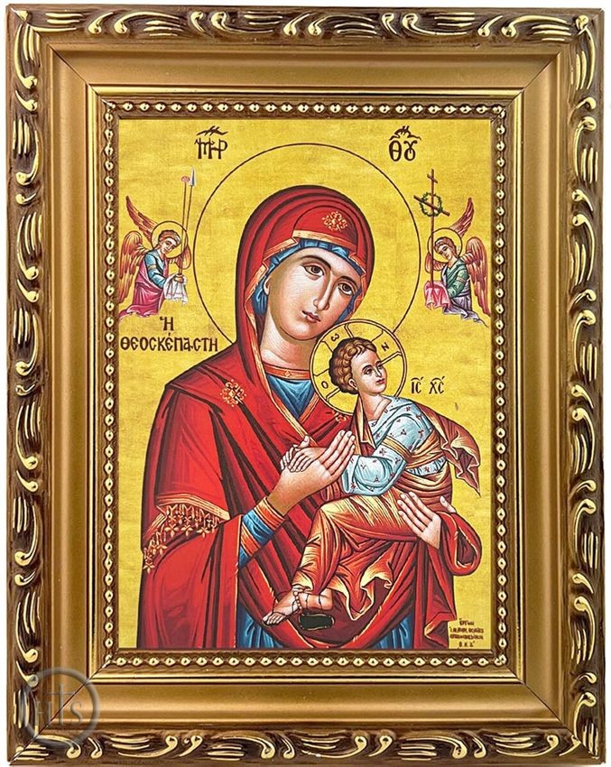 HolyTrinityStore Image - Virgin Mary of Passion, Wooden Frame Gold Foiled Icon with Stand