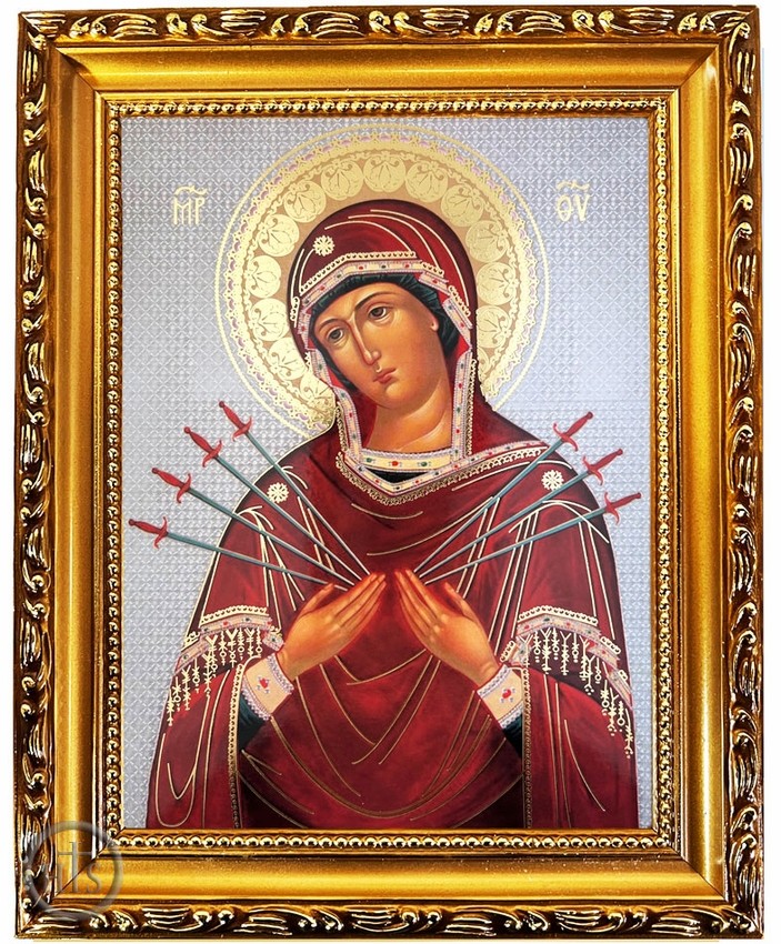 Photo - Virgin Mary of Sorrows, Wooden Frame Gold Foil Icon with Stand