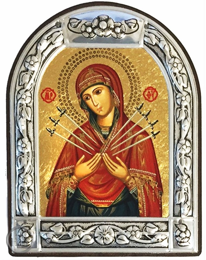 Product Pic - Virgin Mary of Sorrows - Seven Swords, Serigraph  Icon in Brushed Metal Frame