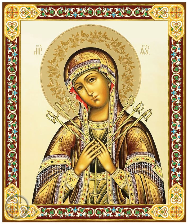 Photo - Virgin Mary of Sorrows, Gold Foil Orthodox Icon with Stand
