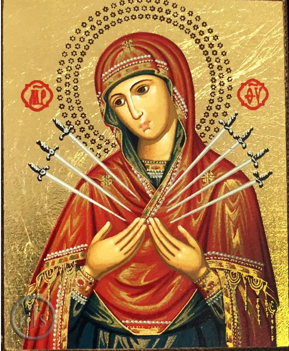 Photo - Virgin Mary of Sorrows - Seven Swords, Serigraph Mini Icon,  Bronze Leaf