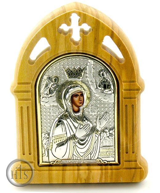 HolyTrinityStore Image - Virgin Mary, Orthodox Icon in Olive Wood Frame in Silver Oklad 