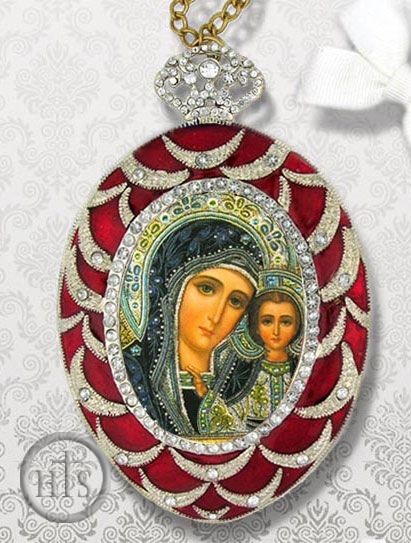 Photo - Virgin of Kazan, Egg Shape Framed Ornament Icon, Red