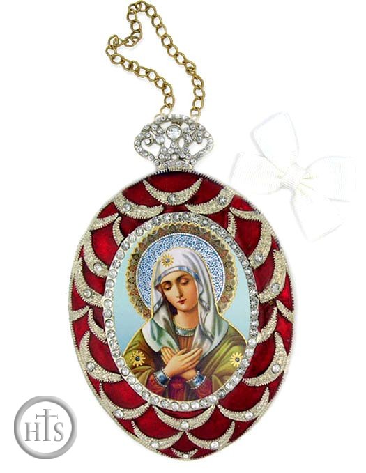 HolyTrinity Pic - Virgin Mary Extreme Humility, Egg Shape Framed Ornament Icon, Red
