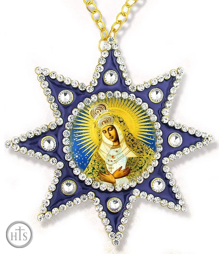 HolyTrinityStore Photo - Virgin Mary of Ostrobrama, Ornament Icon Pendant with Chain, Blue