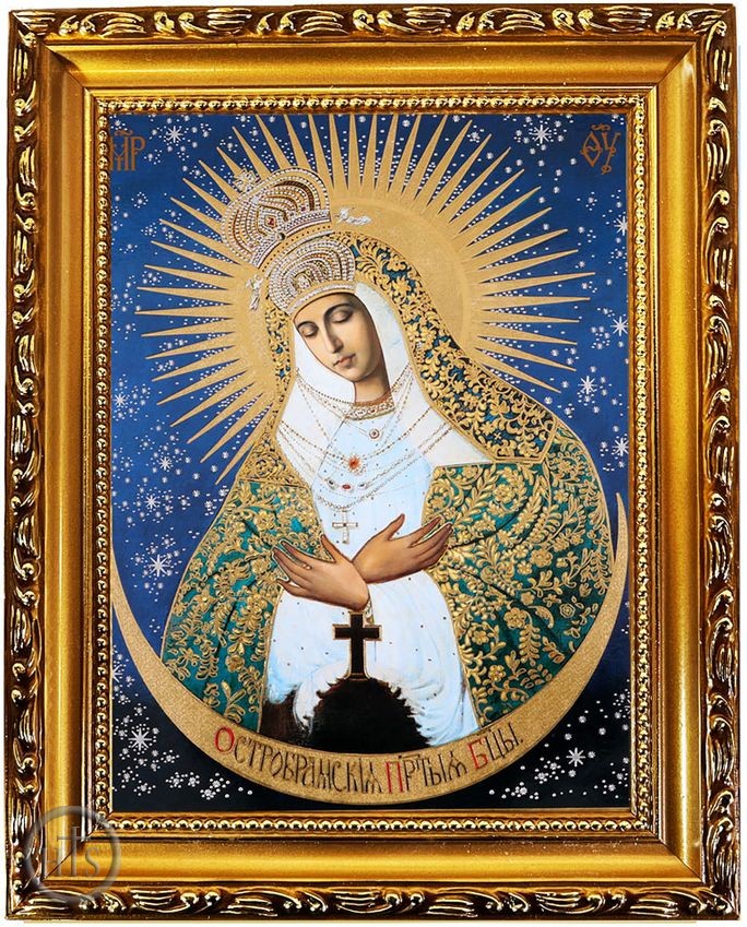 HolyTrinity Pic - Virgin Mary Ostrobramska, Wooden Frame Gold Foil Icon with Stand
