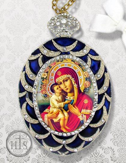 Product Pic - Virgin Mary Zirovitskaya, Egg Shape Framed Ornament Icon, Blue