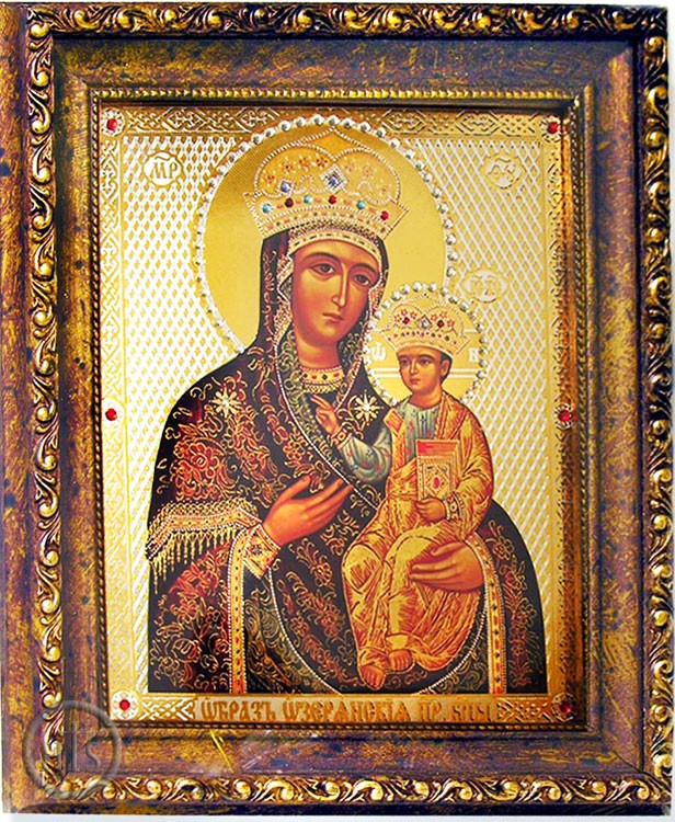 HolyTrinityStore Image - Virgin Mary Ozeryanskaya, Gold Framed Icon with Crystals and Glass