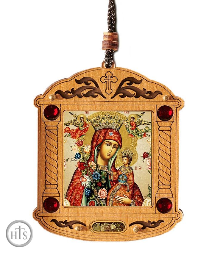 HolyTrinityStore Photo - Virgin Mary Unfading Bloom, Wooden Icon Shrine Pendant Ornament on Rope