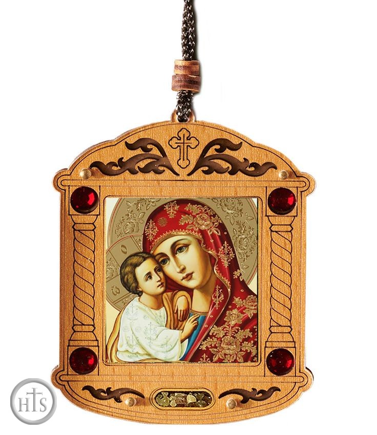 Product Pic - Virgin Mary and Child Christ, Wooden Icon Shrine Pendant Ornament on Rope