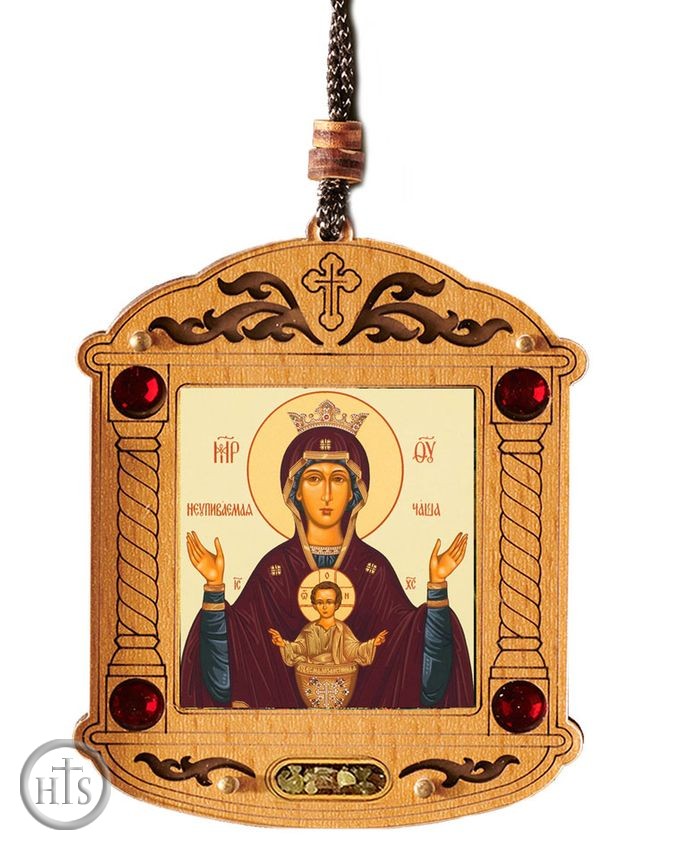 Product Picture - Virgin Mary Inexhaustible Cup, Wooden Icon Shrine Pendant Ornament on Rope