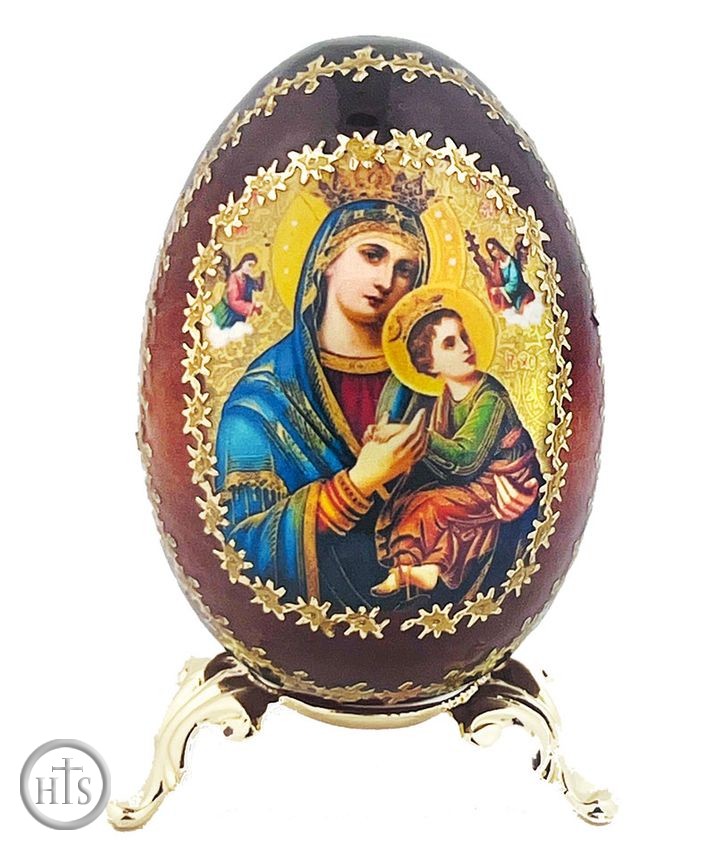 Product Pic - Virgin Mary Perpetual Help Icon Egg on Gold Metal Stand