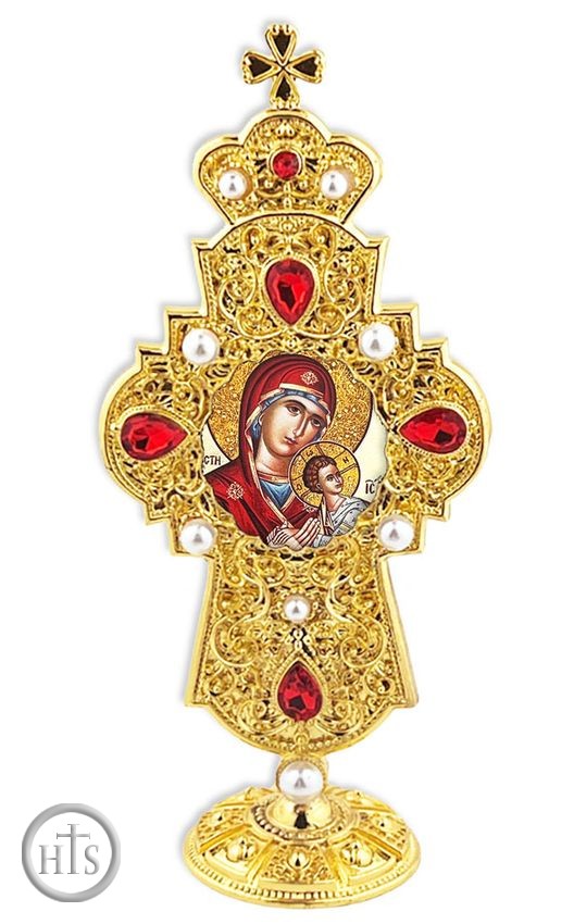 HolyTrinityStore Image - Virgin Mary Perpetual Help, Jeweled Standing Cross, 7 Inch