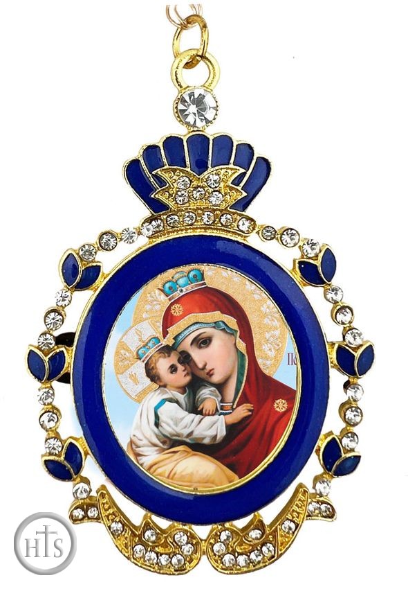Product Pic - Virgin Mary of Pochaev, Blue Enamel Framed Icon with Chain & Bow 