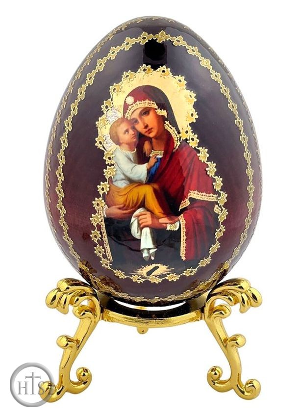 Image - Virgin Mary of Pochaev, Wooden Decoupage Icon Egg with Stand