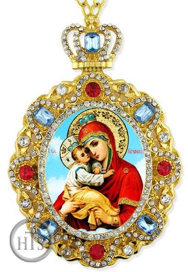 Pic - Virgin Mary Pochaevskaya, Jeweled Icon Pendant with Chain