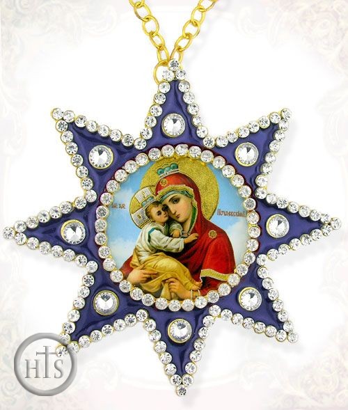 HolyTrinity Pic - Virgin Mary Pochaevskaya, Ornament Icon Pendant with Chain, Blue