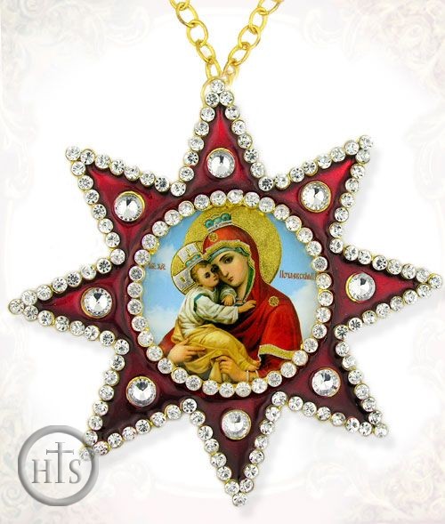 Image - Virgin Mary Pochaevskaya, Ornament Icon Pendant with Chain, Red