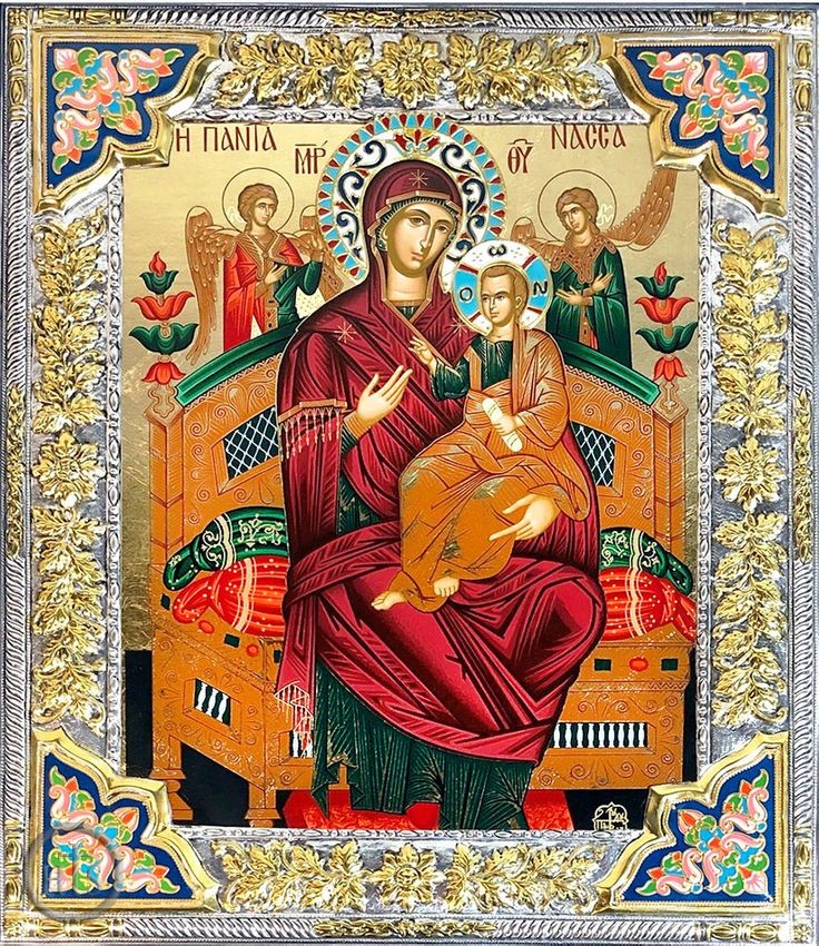 Image - Virgin Mary Queen of All  (Vsetsaritsa),   Serigraph  Icon in Silver /  Gold Plated Riza