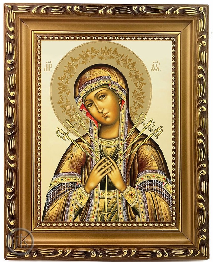 Product Picture - Virgin Mary Seven Arrows, Wooden Frame Orthodox Icon with Stand
