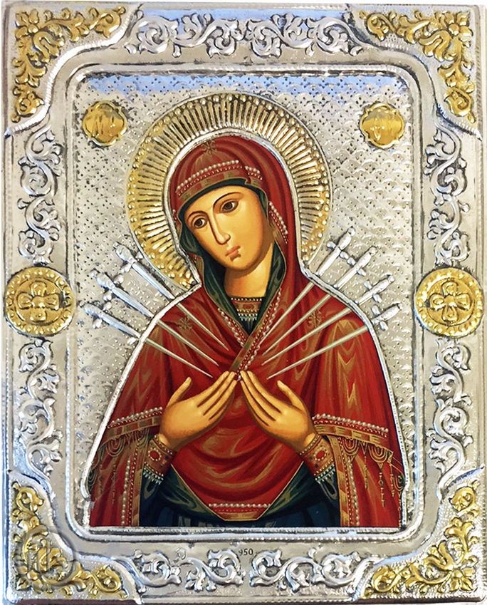 Picture - Virgin Mary of Sorrows - Seven Swords,  Serigraph Icon in  Silver / Gold Plated Oklad