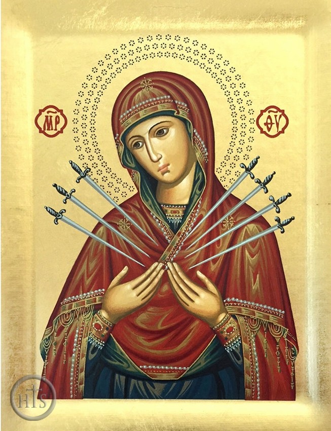 HolyTrinityStore Photo - Virgin Mary of Sorrows - Seven Swords,  Serigraph Orthodox Icon with Stand