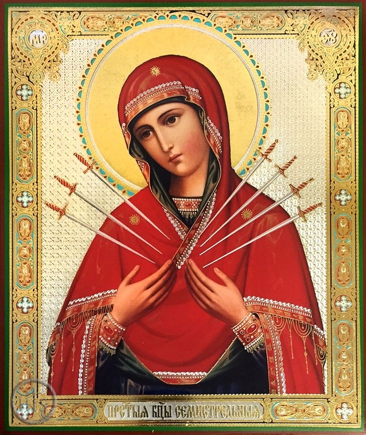 Product Photo - Virgin Mary  of Sorrows - Seven Swords, Gold / Silver Foil Orthodox Icon 