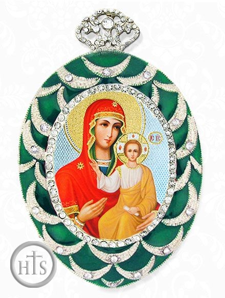 Product Pic - Virgin of Smolensk, Egg Shaped Framed Ornament Icon, Green