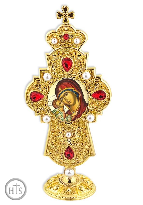 Image - Virgin Mary Sweet Kissing, Jeweled Standing Cross, 7 Inch
