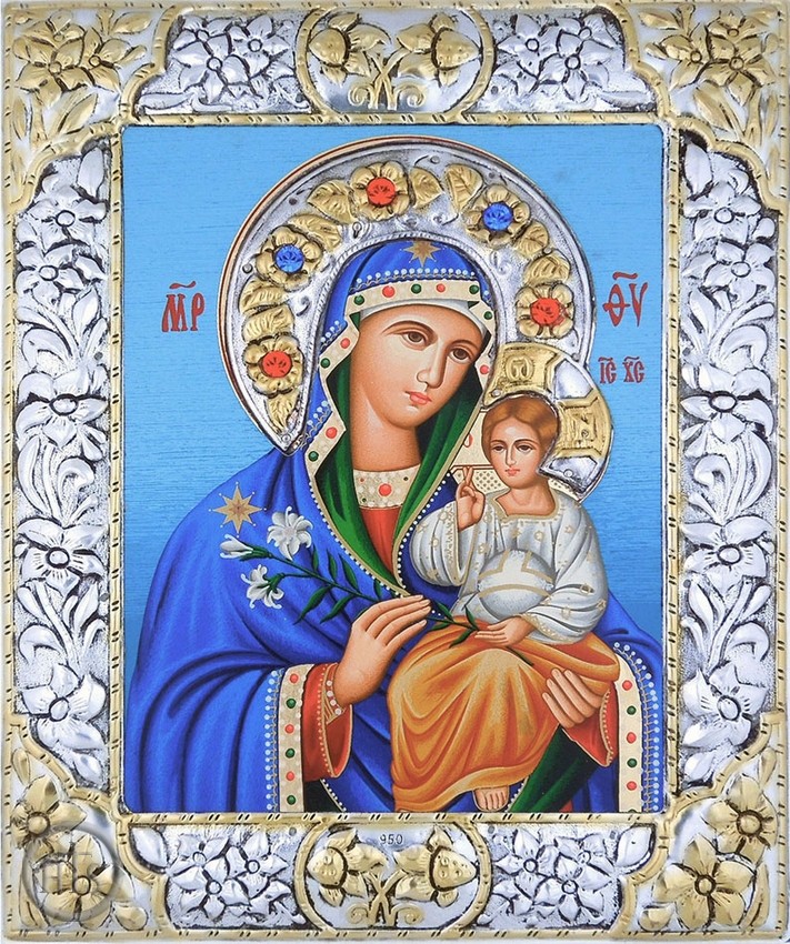 Photo - Virgin Mary the Unfading Blossom, Serigraph Icon in  Silver Riza 