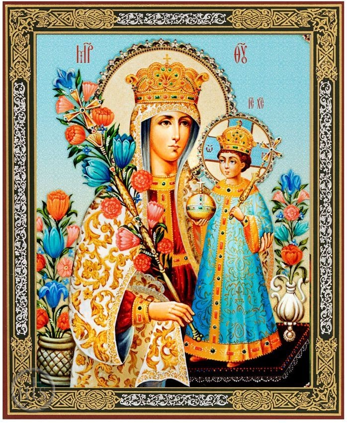 HolyTrinityStore Picture - Virgin Mary Unfading Bloom, Gold Foil Orthodox Icon with Stand 