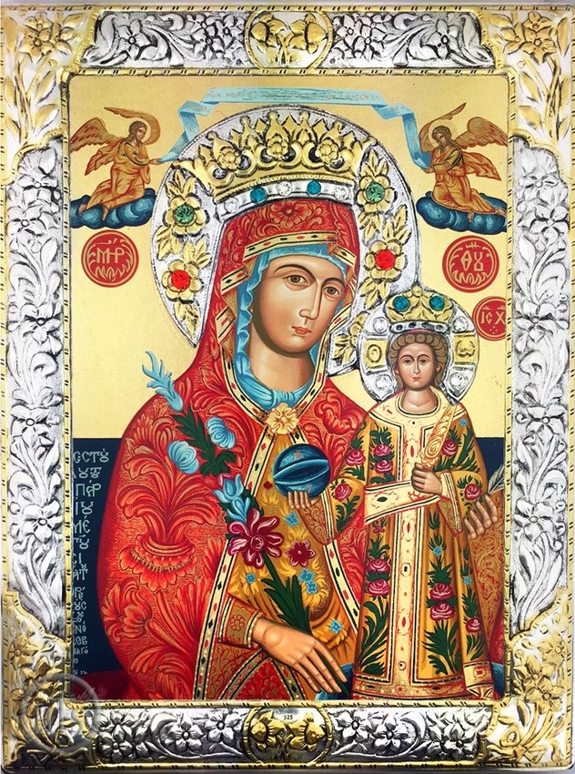 Product Pic - Virgin Mary the Unfading Blossom, Serigraph  Icon in Silver  /  Gold Plated Riza